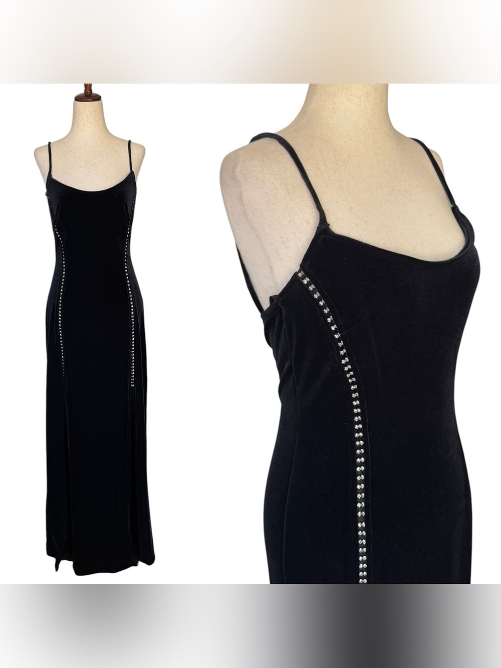 Vintage 90s Tower Black Velour Bodycon Rhinestone Trim Dress Small